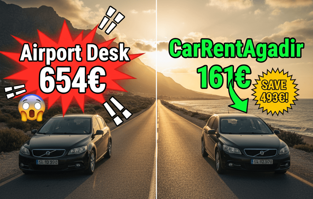 Image Alt Text:
Car rental Agadir pricing comparison showing airport desk costs 654 euros versus CarRentAgadir 161 euros for same vehicle